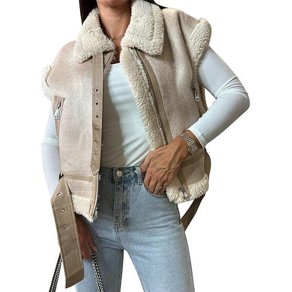 IMISSILLEB Women Leather Sherpa Vest Fur Collar Sleeveless